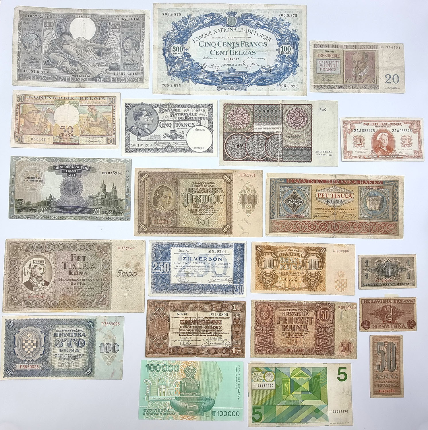 Francja, Belgia, Holandia, Chorwacja, banknoty, 56 sztuk